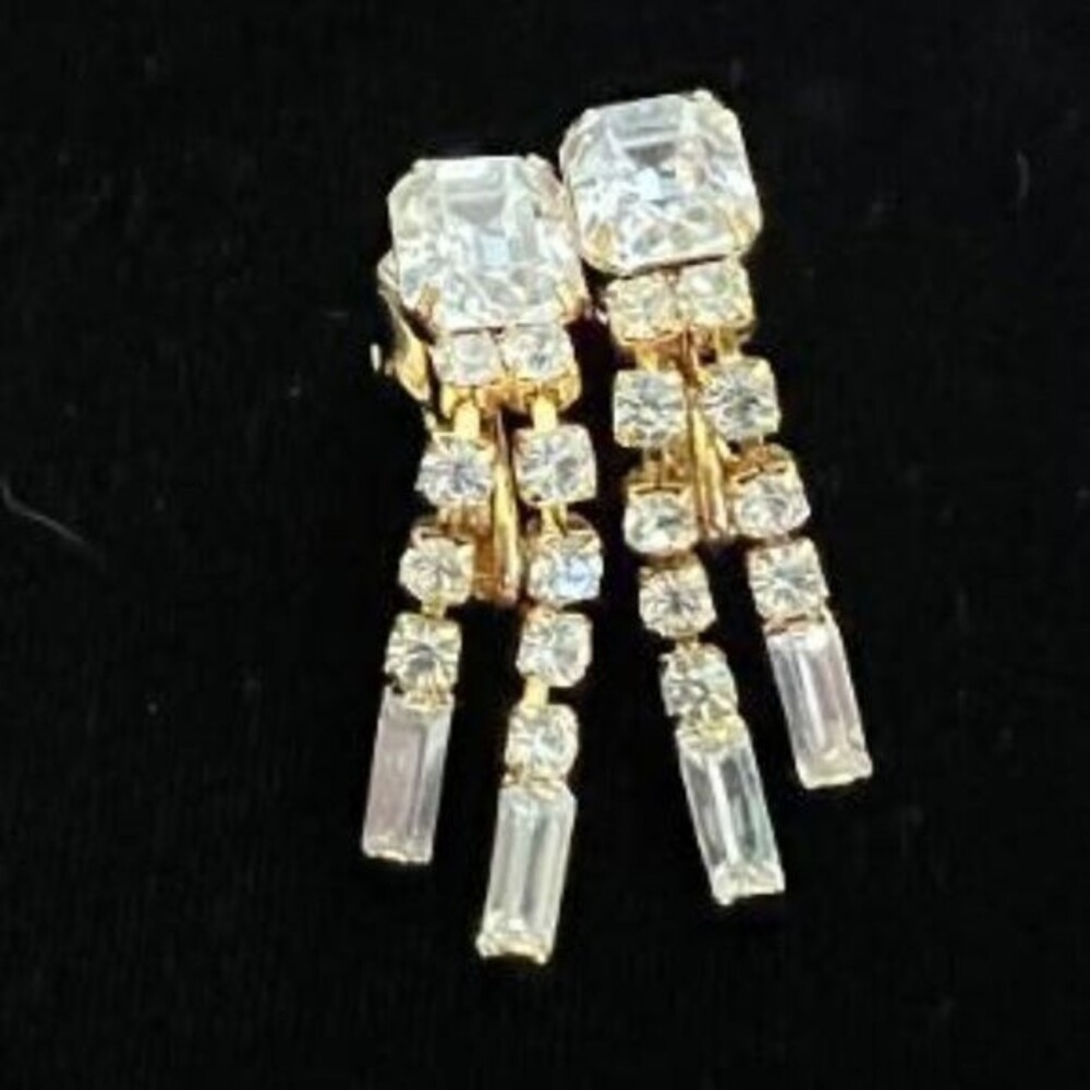 Trifari Rhinestone Gold Plated Dangle Clip Earrings
